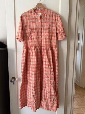 Toast Malloy Check Plaid Shirt Dress, size M, orange and tan